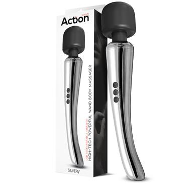 ACTION SILVERY WAND MASAJEADOR HIGH-TECH SÚPER POTENTE INALÁMBRICO USB COLOR CROMO SILICONA